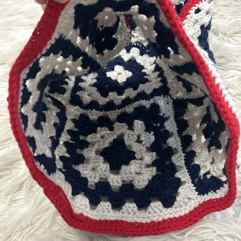 Crochet Balaclava Hood Handmade Granny Square Red White Blue USA Winter One Size